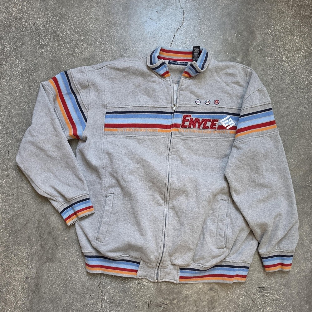 Enyce Jacket Mens Large Gray Stripe Full Zip Fleece Lined Varsity Streetwear